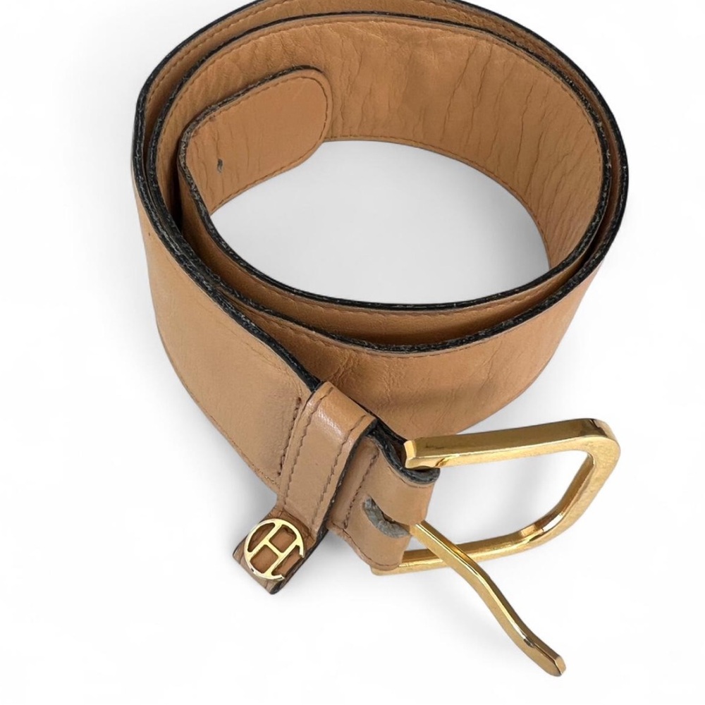 Vintage Hattie Carnegie 1960s Leather Belt Tan and Gold small